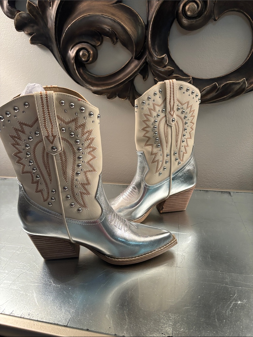 Dolce Vita Cream and Silver Western Ankle Boots
